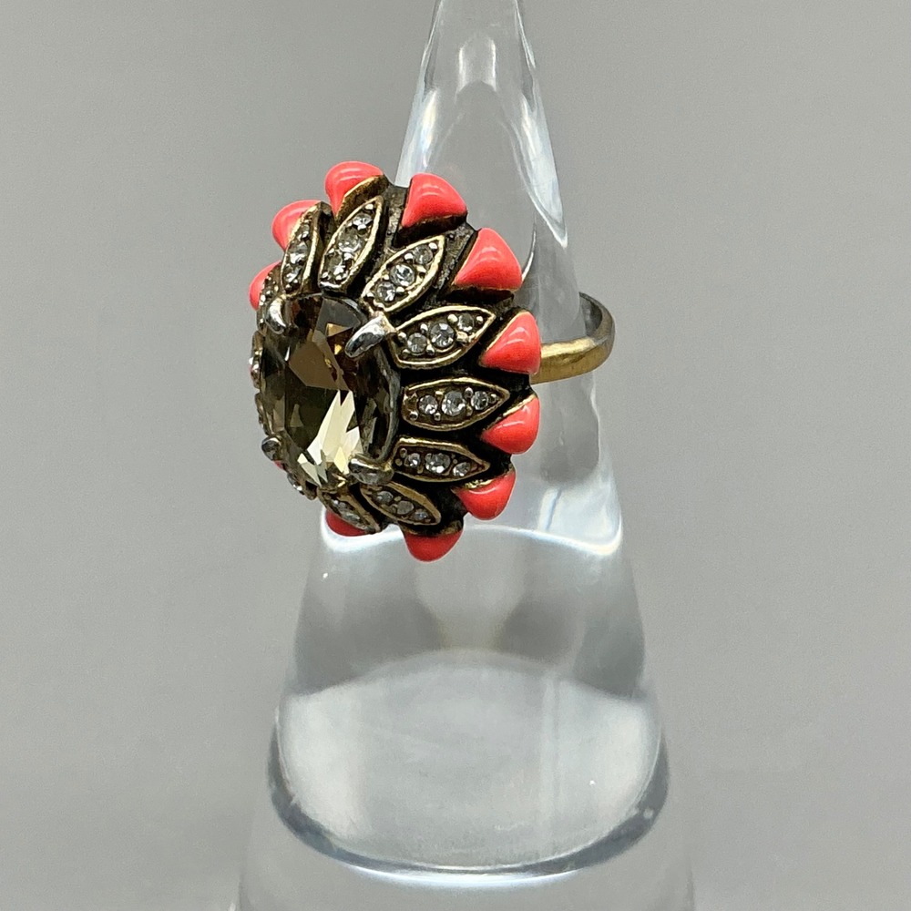 Stella Dot Ring Womens Gold Coral Pink Crystal Enamel Boho Flower Adjustable